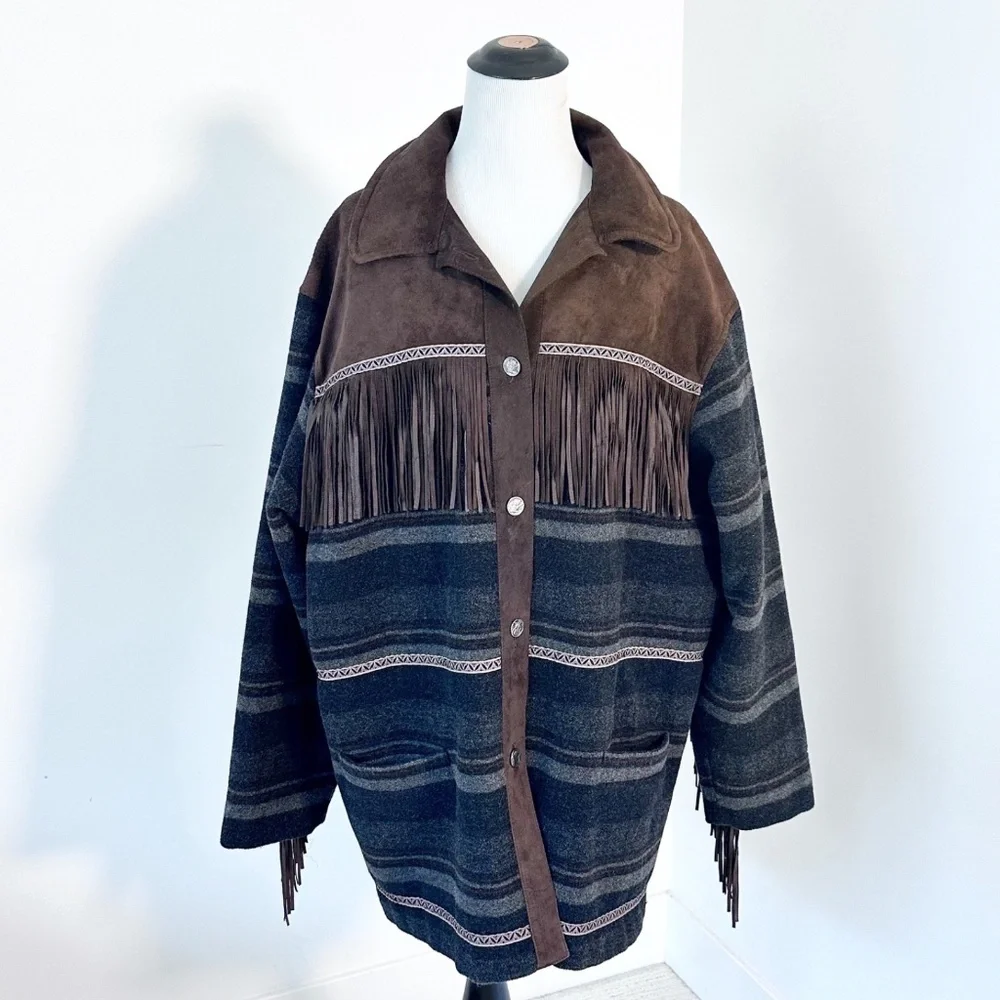 BLEU BLANC ROUGE Vintage Women L Brown/Blue Coat Fringe Suede Yellowstone Tribal